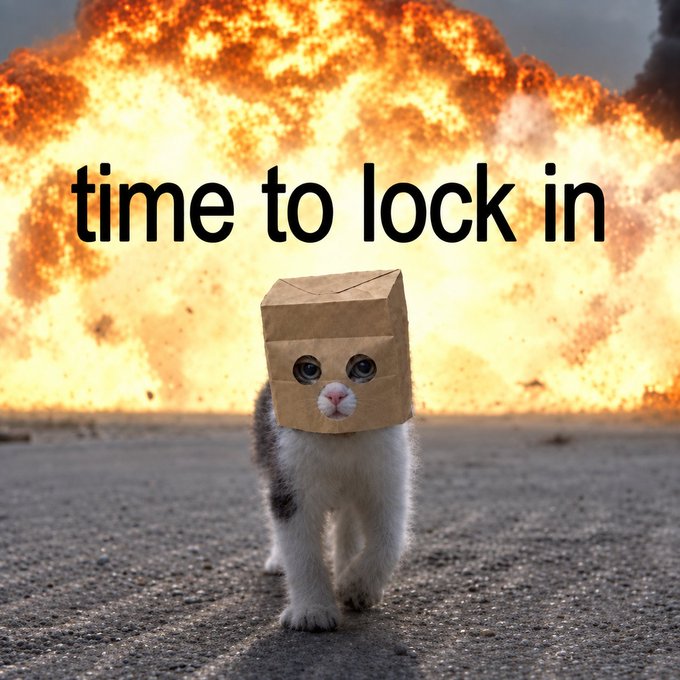 A humorous image of a cat wearing a paper bag on its head walking toward the camera with a massive explosion behind it, featuring the text 'time to lock in'.