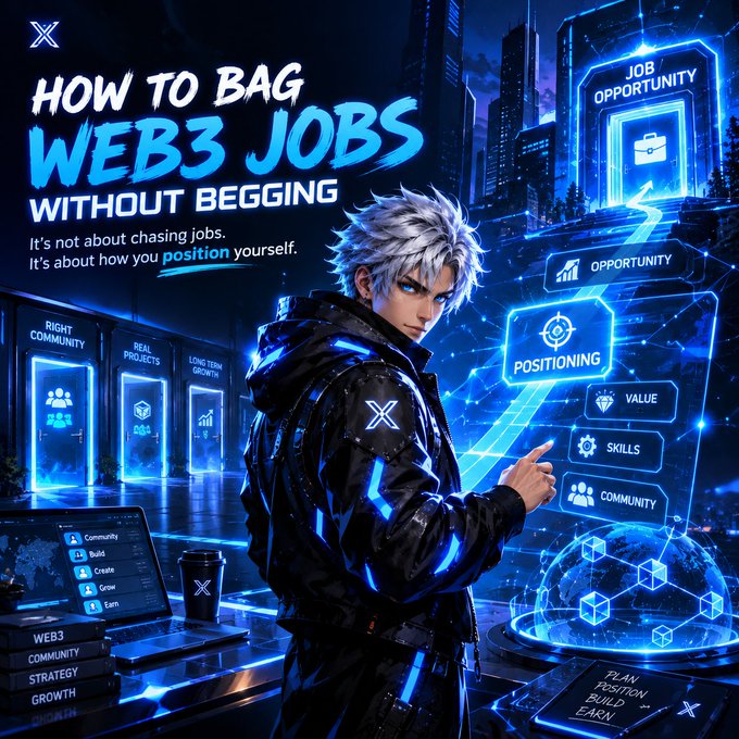 An anime-style promotional graphic titled "HOW TO BAG WEB3 JOBS WITHOUT BEGGING" featuring a silver-haired character surrounded by glowing blue digital interfaces labeled Opportunity, Positioning, Value, Skills, and Community.