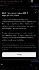 The image shows a "High-risk market notice: HP-3" from NVIDIA Physical Contract, warning that the markets have been suspended and that trading carries elevated risk of liquidation. This aligns with the post's hype around a leveraged long position, as the warning directly cautions against the high-risk, amplified exposure such a trade entails.