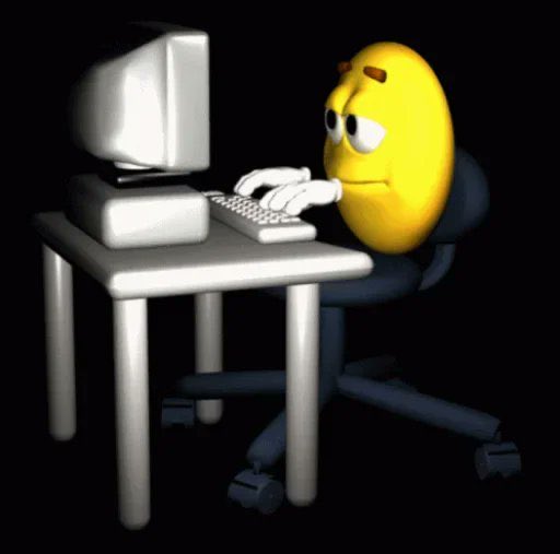 A 3D rendering of a yellow emoji-style character with raised eyebrows sitting at a desk and typing on a vintage computer keyboard.