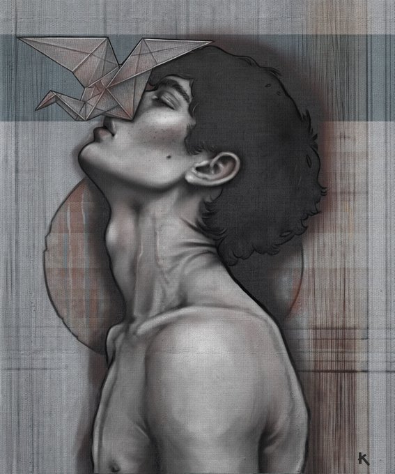 A black and white illustration shows a shirtless man looking upward with an origami crane positioned near his mouth. The artwork features a textured, grid-like background and an 'LK' signature in the corner.