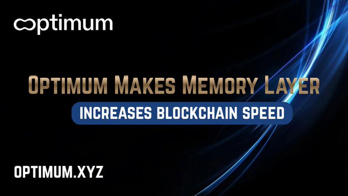 The image shows a black background with blue lines, which are described as "blue light" or "light blue waves". The text above the image reads "Optimum Makes Memory Layer increases BLOCKCHAIN SPEED", indicating that the memory layer plays a crucial role in increasing the speed of blockchain transactions. The image also includes a link to an article about how Optimum's technology can improve the efficiency and speed of blockchain operations, which is relevant to the content displayed on the image.