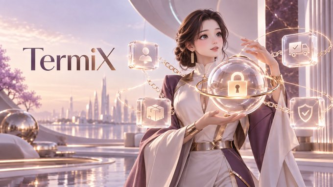 A promotional image for 'TermiX' featuring an anime-style woman in flowing robes surrounded by floating icons representing logistics, packaging, security, and delivery, set against a futuristic cityscape.
