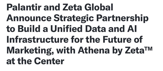 The image features a white background with black text that reads "Palantir and Zeta Global announce strategic partnership to build a unified data infrastructure for the future of marketing, with Athens by Zeta". The text is centered within the frame, making it easy to read and understand.