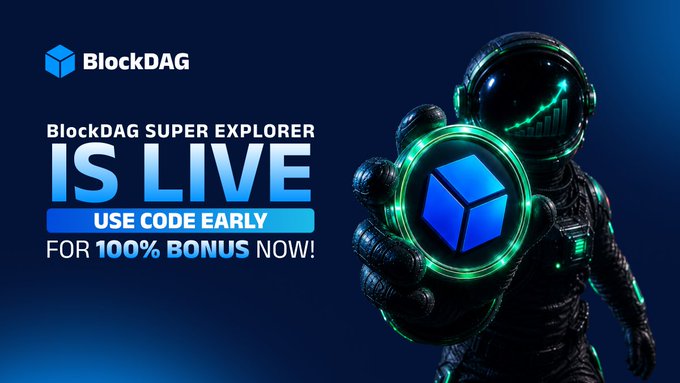 A promotional banner for BlockDAG announces "BlockDAG SUPER EXPLORER IS LIVE," urging viewers to "USE CODE EARLY FOR 100% BONUS NOW!" The image features an astronaut holding a glowing blue cube, symbolizing the launch of the Super Explorer platform for the community, developers, and validators as mentioned in the accompanying post.