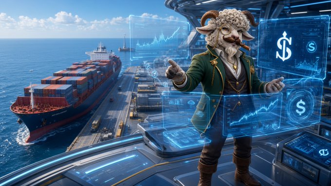 A digital artwork featuring an anthropomorphic ram character in a green suit and glasses, operating futuristic holographic trading screens displaying dollar signs and charts, with a cargo ship in a port visible in the background.