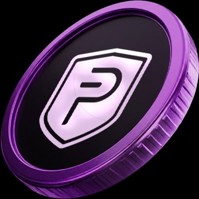 A 3D-rendered purple coin or token featuring a shield logo with the letter 'P' in the center.