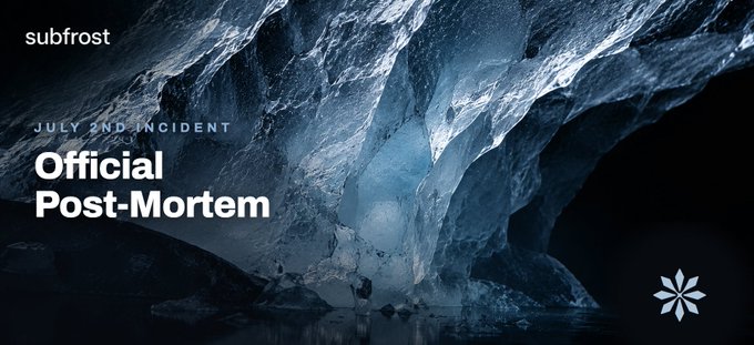 This "Official Post-Mortem" from Subfrost details the July 2nd incident, revealing the vulnerability was in the Alkanes indexer's state consistency, which allowed an attacker to create "phantom" assets. The image's ice cave aesthetic visually represents the "Subfrost" name and the frozen state of the situation being analyzed.