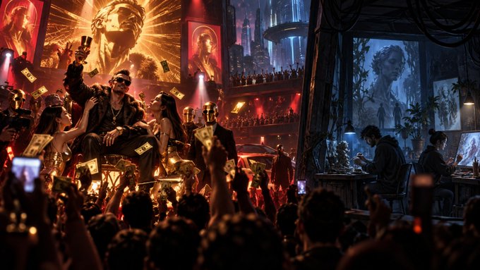 The image depicts a grand, opulent scene split between a lavish celebration with confetti, golden imagery, and a central figure wearing sunglasses flanked by two women, contrasted against a dimly lit workspace where hooded individuals work at monitors displaying similar imagery. The accompanying text suggests a cautionary tale about supporting projects—where flashy, celebratory spectacle contrasts with the reality of anonymous teams whose work may not hold up to scrutiny, hinting at eventual consequences ("deserving what we get") for either the backers or the builders.