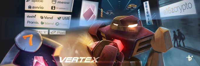 A digital artwork featuring a red and white mech robot with the word 'VERTEX' displayed, alongside various cryptocurrency and tech logos including 'specie', 'avvio', 'dash', and 'VIA'.