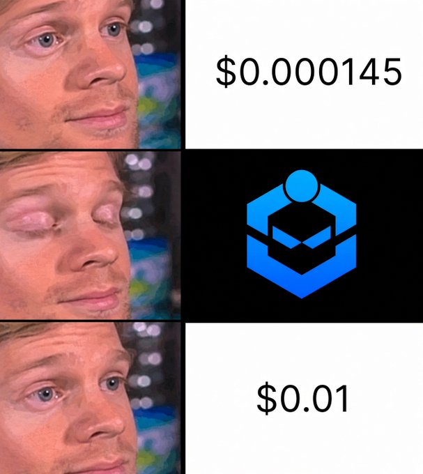 A three-panel meme using the 'Blinking Guy' template, showing the character's reaction to a price of '$0.0000145', followed by the Polygon (MATIC) cryptocurrency logo, and finally a price of '$0.01'.