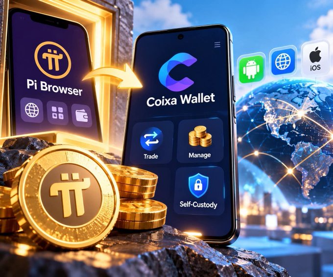A promotional image showing smartphones displaying 'Pi Browser' and 'Coixa Wallet' apps with arrows pointing between them, accompanied by Pi cryptocurrency coins, Android/iOS icons, and a stylized globe in the background.