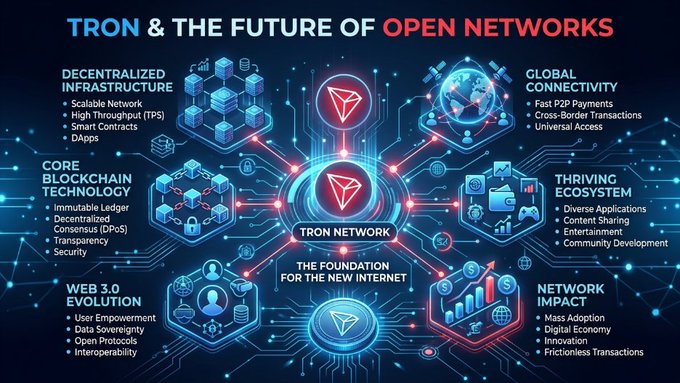 A digital infographic titled "TRON & THE FUTURE OF OPEN NETWORKS" featuring the TRON logo at its center, surrounded by six interconnected pillars highlighting the network's key features: Decentralized Infrastructure, Global Connectivity, Core Blockchain Technology, Thriving Ecosystem, Web 3.0 Evolution, and Network Impact, with bullet points detailing each component's benefits. The visual reinforces the post's message about TRON's commitment to decentralized infrastructure and ecosystem growth as foundations for open network participation.