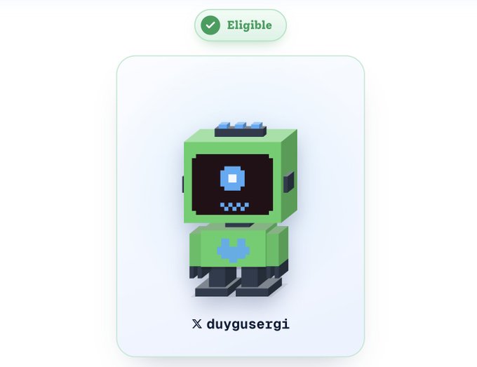 A pixel-art style green robot character displayed in a card with an 'Eligible' badge at the top and the username 'X duygusergi' below.