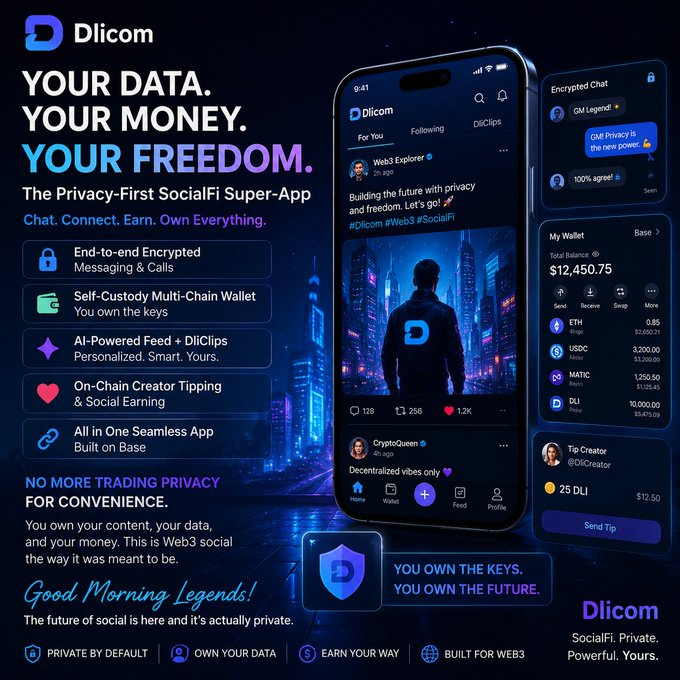 The image features a cell phone with an advertisement for a privacy-first Social fi super app, which is designed to protect users' data from unauthorized access. The app offers various features such as end-to-end encrypted messaging, built-in self-custody multi-chain wallet, and personalized feed based on the user's preferences. The post emphasizes that the app is a solution for those who are tired of big tech companies owning their data, chats, and wallets in 2026.