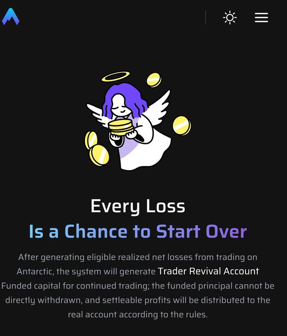 The image is a promotional graphic for Antarctic's "Trader Revival Account" (TRA) feature, featuring an illustrated angel character holding coins with the headline "Every Loss Is a Chance to Start Over." The post describes how Antarctic's new TRA program grants traders who finish a cycle down with 50% of their loss as fresh principal to trade in the next cycle, which the image illustrates by showing an angel (representing revival/second chances) surrounded by coins (representing the new trading capital).
