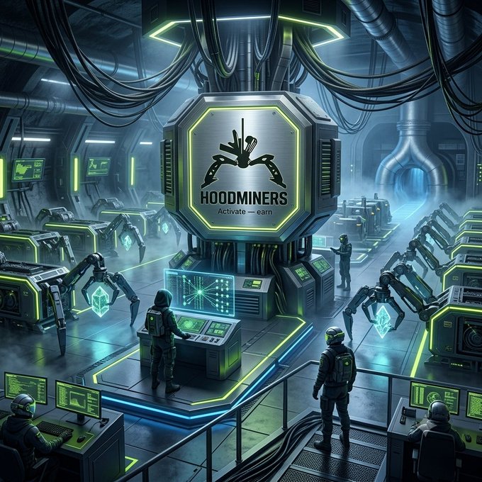 A sci-fi illustration of a futuristic mining facility labeled "HOODMINERS - Activate - earn," featuring robotic operators and machinery with neon green accents.