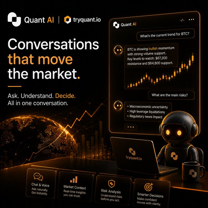 Quant AI advertisement with the tagline 'Conversations that move the market. Ask. Understand. Decide. All in one conversation,' featuring a robot character analyzing BTC price charts and risks like macroeconomic uncertainty and high leverage liquidations.