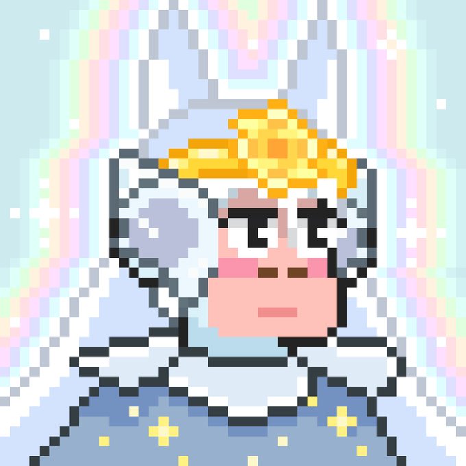 A pixel-art portrait of a blonde, blue-haired anime character with a halo against a glowing, pastel rainbow-striped background.