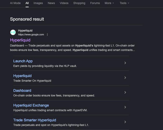 A Google search results page showing a sponsored result for Hyperliquid, promoting its dashboard for trading perpetuals and spot assets on its L1 blockchain with low fees.