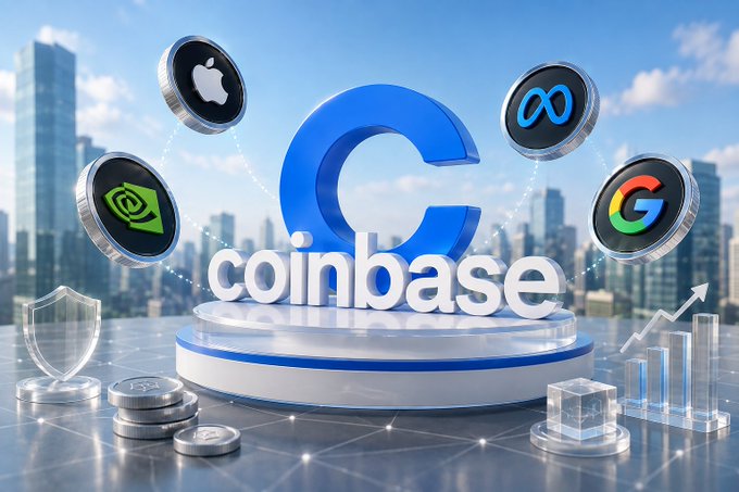 A Coinbase logo is prominently displayed on a podium, surrounded by floating coins featuring the Apple, Nvidia, Meta, and Google (Alphabet) logos, with a shield and rising chart nearby, symbolizing the platform's new tokenized stock offerings backed 1:1 by real U.S. shares on the Base blockchain.
