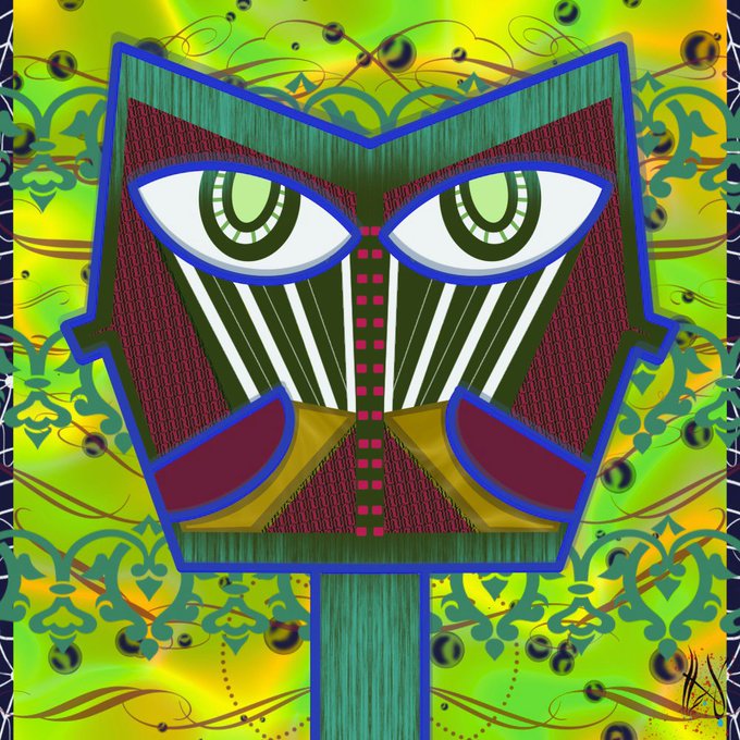 A vibrant, colorful abstract artwork depicting a stylized symmetrical face or mask with large green eyes, set against a bright yellow-green patterned background.