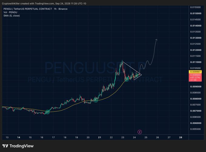 A TradingView chart of PENGU/USDT Perpetual Contract on Binance shows a 1-hour candlestick view with the 6-period SMA indicating an upward trend, currently priced at 0.009937 (+37.27%), accompanied by a hand-drawn white arrow suggesting further price growth toward the 0.013 area.