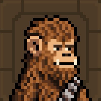 A pixel art portrait of a hooded figure resembling Chewbacca from Star Wars, with brown fur and a bandolier, set against a brown brick background.