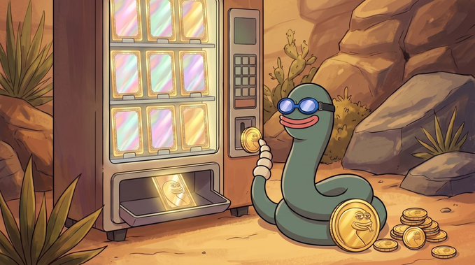 A cheerful snake wearing sunglasses collects gold coins near a vending machine dispensing Dogecoin treats, embodying the exclusive NFT presale perks for $SLIPPY holders. The desert scene, complete with a large Slippy coin, ties into the post's promotion of the slippy.club/presale and upcoming Slippy club mint.