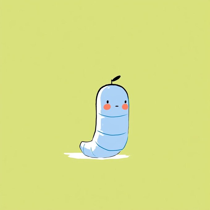 Cartoon illustration of a cute light blue worm-like character with rosy cheeks and a small leaf on its head, standing on a green background.