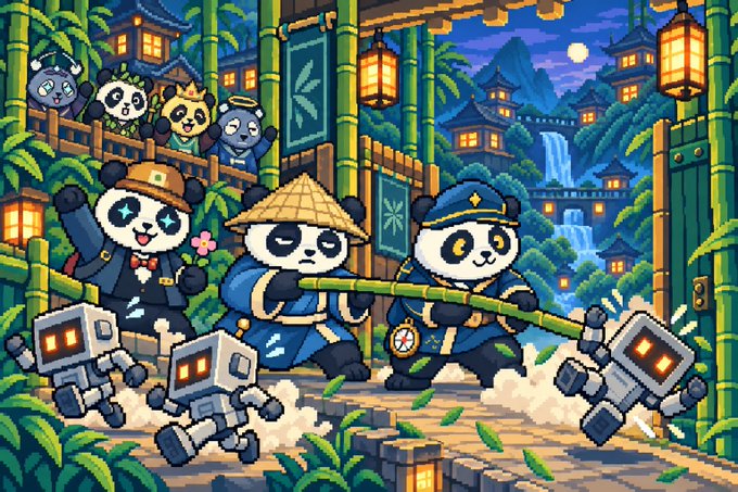 A colorful illustration featuring cartoon pandas dressed as samurai warriors in a bamboo village setting, with small robot companions and traditional Japanese architecture.