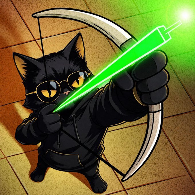 An illustration of a black cat wearing sunglasses and a dark hoodie, holding a bow and a glowing green lightsaber-like weapon.