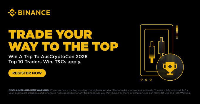 A Binance promotional banner with the yellow text 'TRADE YOUR WAY TO THE TOP,' offering a chance to 'Win A Trip To AusCryptoCon 2026' for the 'Top 10 Traders,' alongside an illustration of a smartphone with a candlestick chart and a trophy.