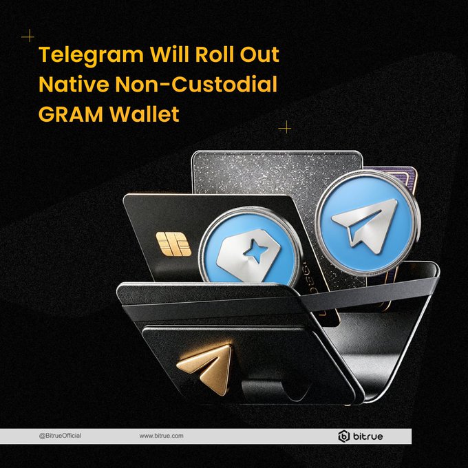 The image is a promotional graphic from Bitrue featuring a stylized 3D rendering of a black leather wallet containing credit cards and Telegram-branded coins with the iconic paper plane logo. The header text reads "Telegram Will Roll Out Native Non-Custodial GRAM Wallet," with Bitrue branding at the bottom, visually reinforcing the announcement of Telegram's native non-custodial $GRAM crypto wallet rollout to its billion-plus users.
