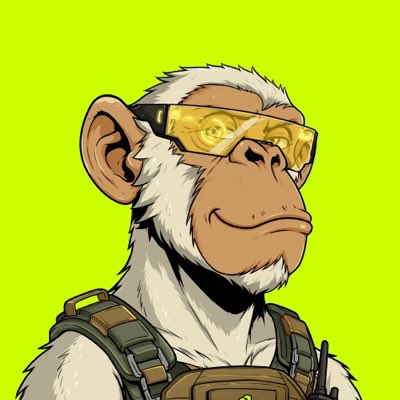A digital illustration of a battle-ready white ape wearing tactical gear and yellow-tinted goggles against a bright #CCFF00 chartreuse background, aligning with the post's mention of the "Suited Apes" NFT collection. The image serves as the user's new profile picture, reflecting their enthusiasm for the Apes NFT project now live on Robinhood Chain.