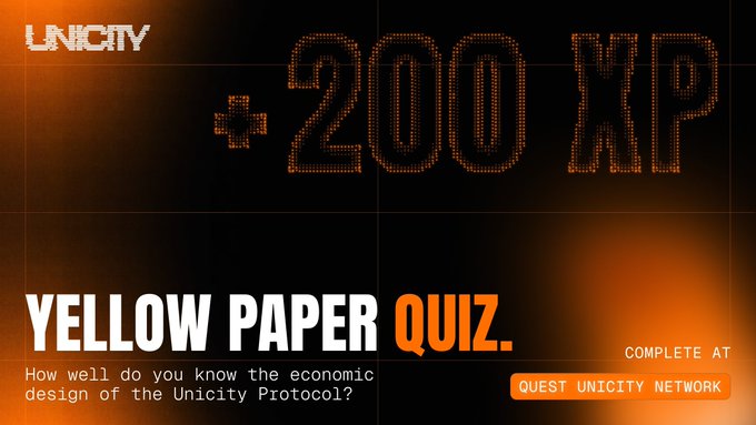 The image features a banner for an Unicity Yellow Paper Quiz with a black background and orange text. The banner displays the question "Yellow Paper Quiz" at the top, followed by the prompt "How well do you know the economic consequences of the currency protocol?". Below this, there is a list of questions related to the economy and currency protocols. The image also includes a reference to the Unicity website for more information about the yellow paper protocol.