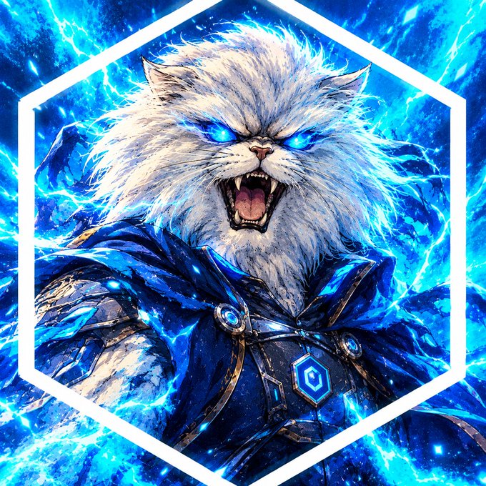 A fantasy artwork depicting a fierce white feline creature with glowing blue eyes, bared fangs, and blue magical armor, set against a hexagonal frame filled with electric blue energy.