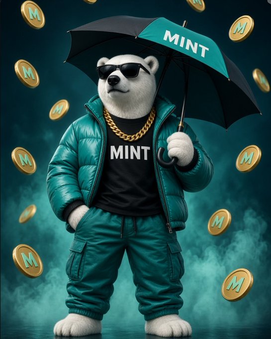 A polar bear mascot wearing sunglasses, a gold chain, and teal puffer jacket holding an umbrella, surrounded by gold coins marked with 'M' for MINT.