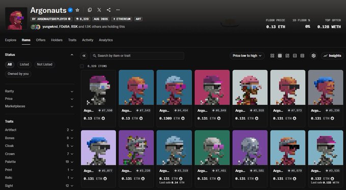 A screenshot of the CryptoPunks marketplace showing the Argonauts collection with floor price of 0.13 ETH, displaying various pixel art character NFTs with their ETH prices.