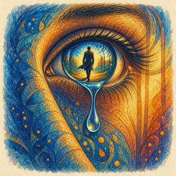 A vibrant, surreal illustration of a large, expressive eye with blue and golden-orange hues, where a silhouette of a person stands within the pupil reflection, with a stylized teardrop forming at the bottom.