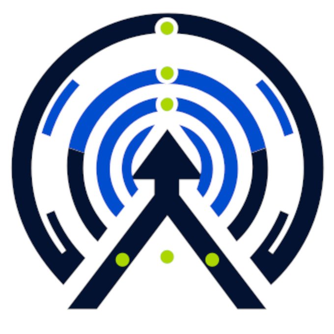 A blue and dark navy logo featuring concentric circular arcs resembling a radio or signal symbol, with an upward-pointing arrow in the center and green dots along the arcs.