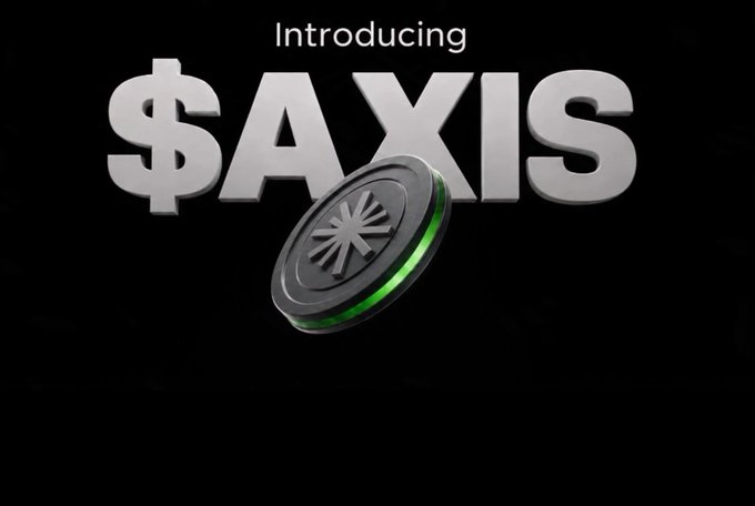 A promotional graphic displaying the text 'Introducing $AXIS' in large silver 3D letters next to a black coin with a green edge and a radial symbol.