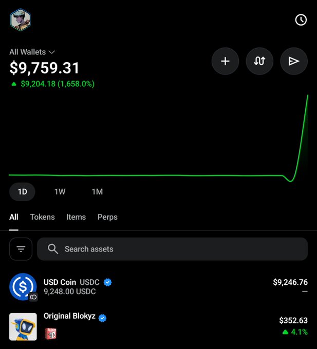 A cryptocurrency wallet screenshot displaying a balance of $9,759.31 with a 1,658.0% gain, primarily held in USD Coin (USDC) valued at $9,246.76.