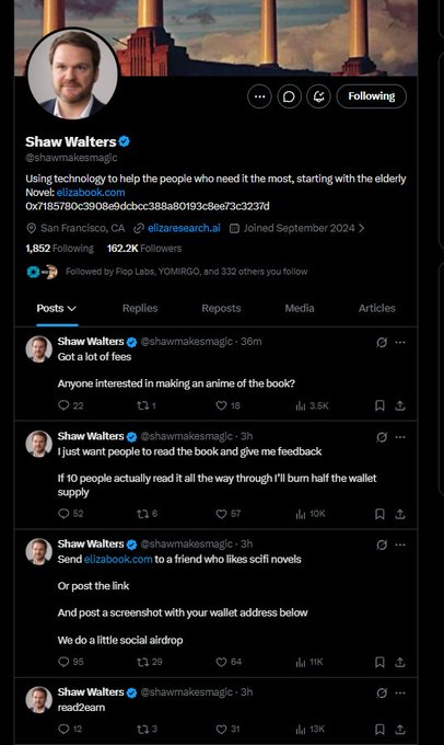 A screenshot of Shaw Walters' (@shawmakesmagic) X/Twitter profile, showing his bio about using technology to help the elderly, based in San Francisco with 162.2K followers, and several recent posts promoting his book and offering cryptocurrency airdrops for sharing his novel link.