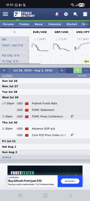 A Forex Factory mobile app screenshot displaying a financial calendar with USD events like Federal Funds Rate and FOMC Press Conference, plus an ad for 'FOREXTESTER' offering 'Buy bitcoin from just $10'.