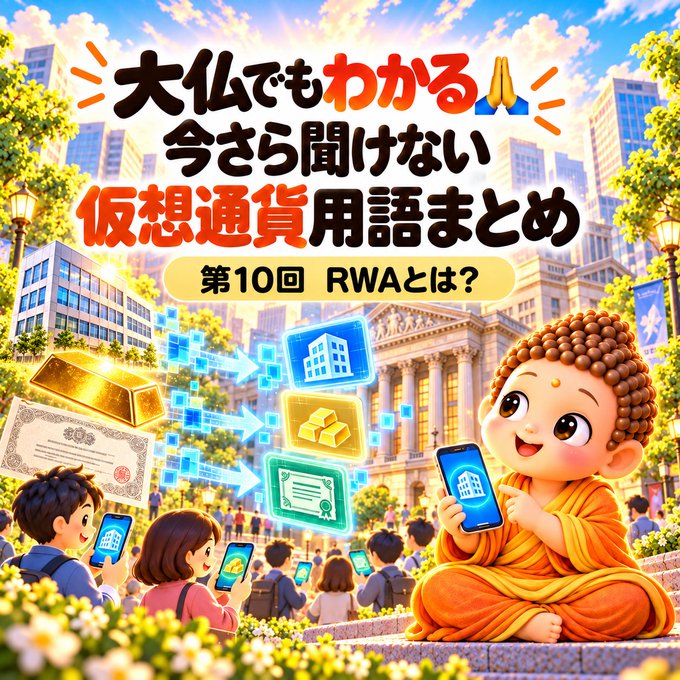 An anime-style illustration featuring a cute Buddha character holding a smartphone, with Japanese text reading '大仏でもわかる 今さら聞けない 仮想通貨用語まとめ 第10回 RWAとは?' (Cryptocurrency terminology summary even a Buddha can understand, 10th edition: What is RWA?).
