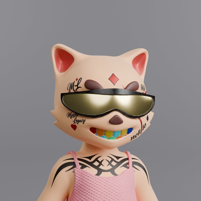 A 3D-rendered anthropomorphic cat character with facial tattoos, rainbow grillz, and gold visor sunglasses, wearing a pink tank top that reveals chest tattoos.