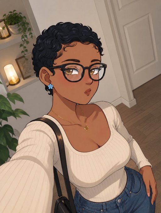 An animated illustration of a stylish woman with short curly hair and glasses taking a selfie in a cozy home setting, capturing a casual, confident Thursday vibe. Her relaxed yet put-together look pairs perfectly with a cheerful midweek greeting.