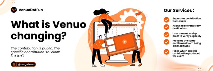 A slide titled 'What is Venuo changing?' by 'VenuoDotFun' lists 'Our Services' including separating contributions from claims and using a membership proof, alongside illustrations of people working on digital credit cards.