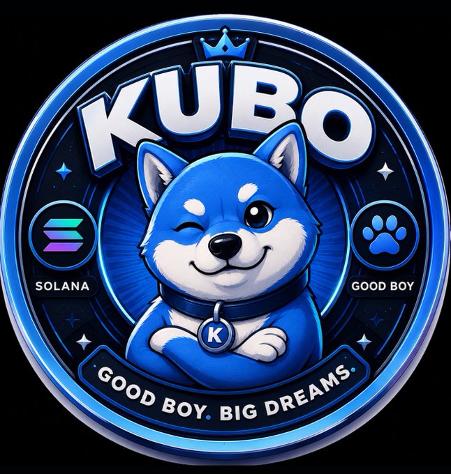 A circular blue emblem featuring a winking Shiba Inu dog wearing a "K" tag, topped with a crown and labeled "KUBO," alongside Solana and paw print icons reading "SOLANA" and "GOOD BOY," with the tagline "GOOD BOY. BIG DREAMS." The mascot reinforces the post's message of $KUBO being a distinctive Shiba-inspired token on Solana with big ambitions and an independent spirit.